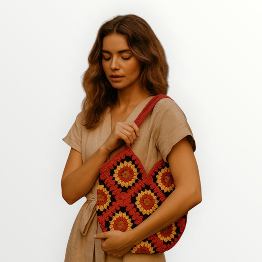 Woman holding a colorful crochet beg