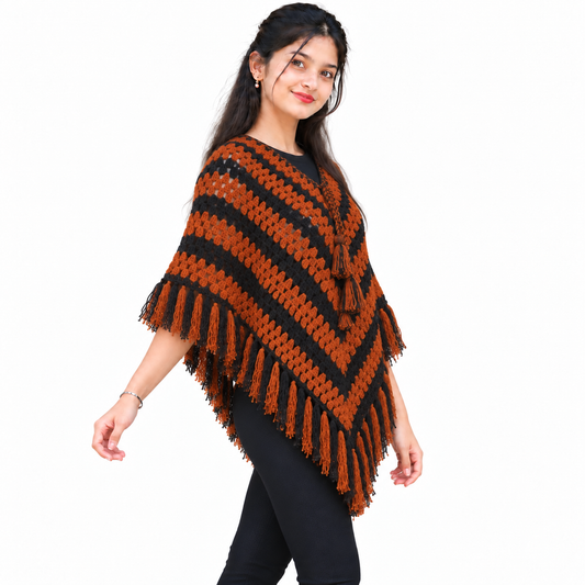 Rust Orange & Black Striped Tassel Poncho Handmade Crochet Woolen Poncho for Women & girls