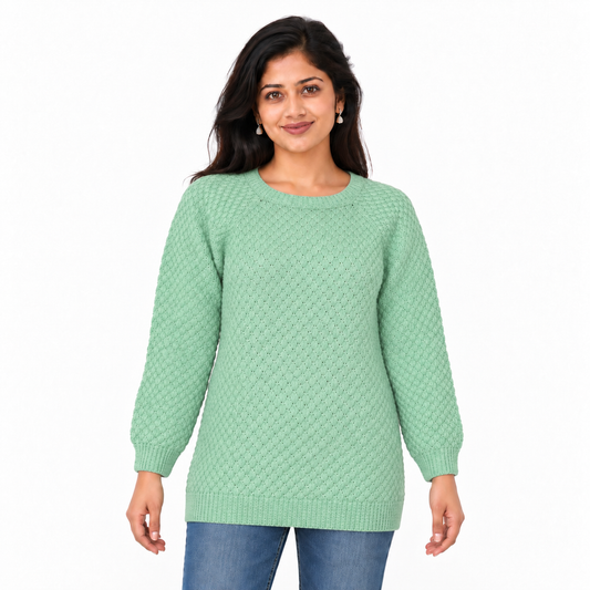 Mint Green Handmade Woolen Sweater for Women | Textured Knit Full Sleeve Pullover