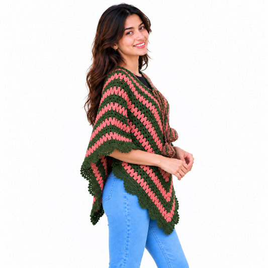 Green & Pink Handmade Crochet Poncho for Women – GraminArts