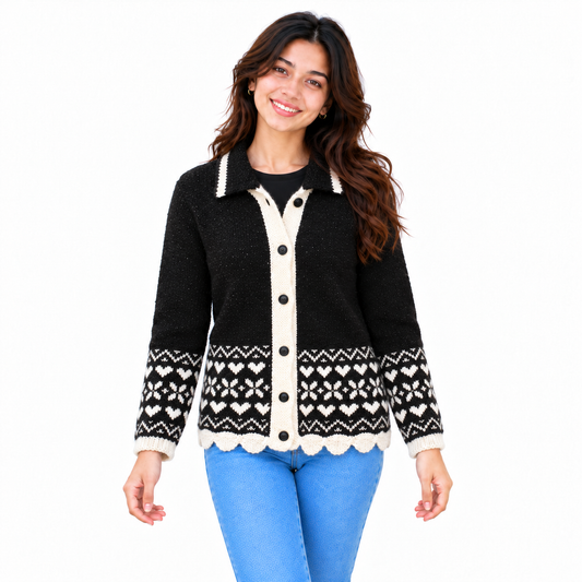 Graminarts Handmade Woollen Black Color Full Sleeves Cardigan For Women