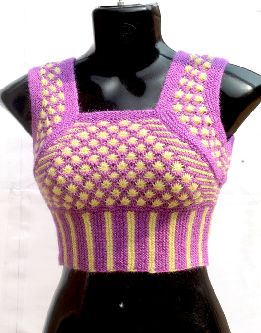 Handmade sweater blouse for women - cream & orchid, front view