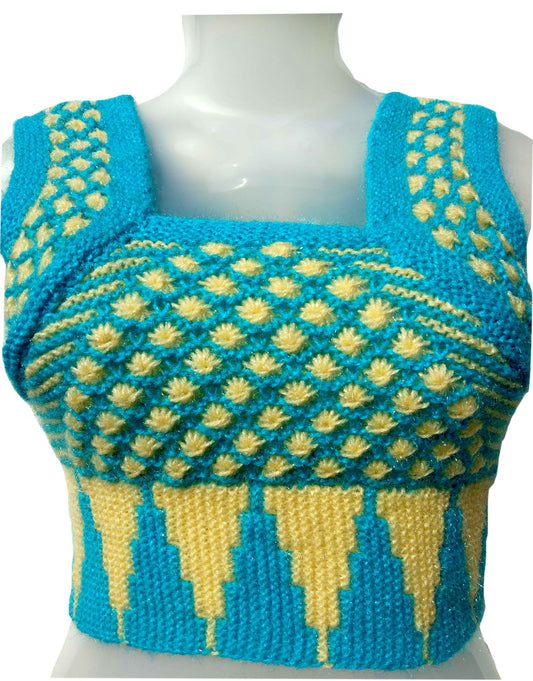 Handmade blouse for women - cream & sky blue, front view