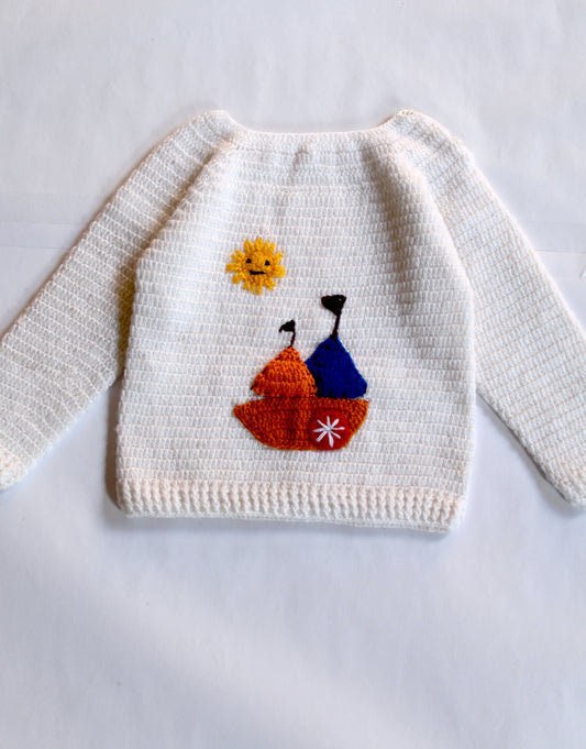 Graceful Handmade Design Full Sleeve Sweater Set With Pant For Baby Boy- White & Blue