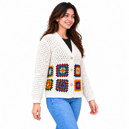 Handmade Crochet Cardigan for Women – Premium Wool Granny Square Sweater, Winter Wear