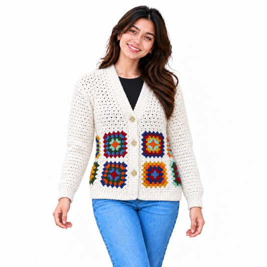 Handmade Crochet Cardigan for Women – Premium Wool Granny Square Sweater, Winter Wear