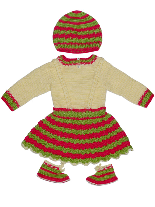 Unique Handmade Inner Top Frock Set (4 pcs set) For Baby - Light Green, Violet Red & Cream