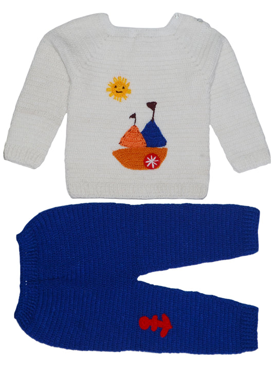 Graceful Handmade Design Full Sleeve Sweater Set With Pant For Baby Boy- White & Blue