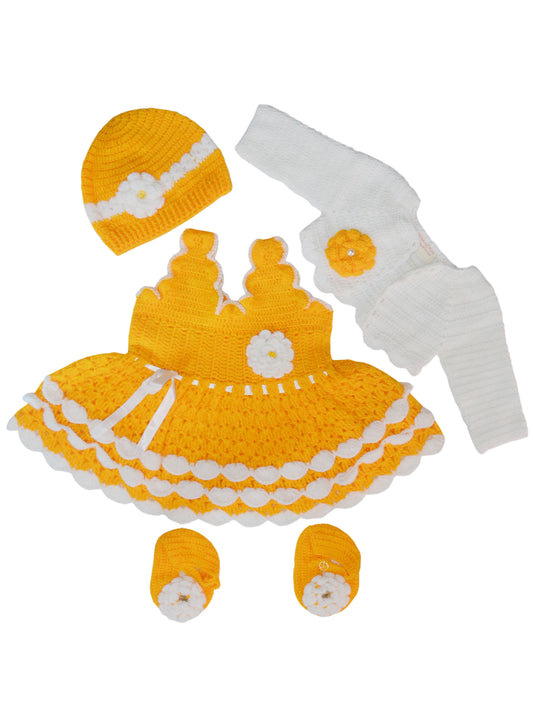 Handmade crochet baby frock set with cardigan, booties and cap - marigold and white