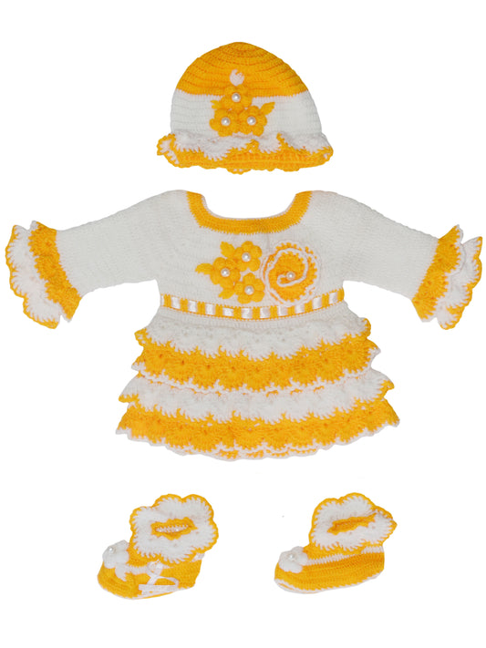 Handmade woolen knit frock set for babies - white & yellow, front view
