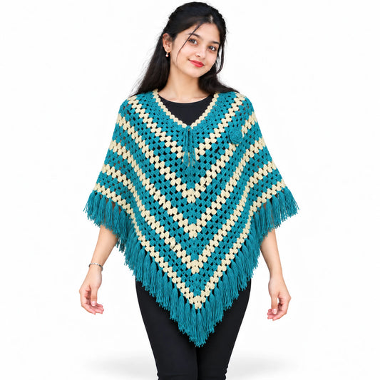 GraminArts Crochet Poncho Blue & White color for women