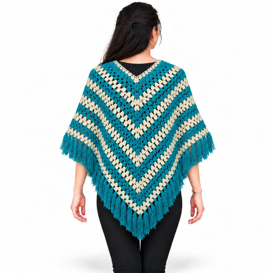 GraminArts Crochet Poncho Blue & White color for women