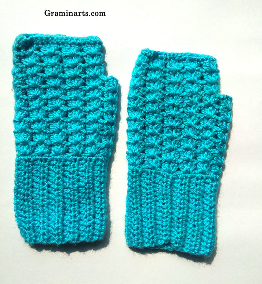 Graminarts Handmade Crochet Woollen Sky Blue Fingerless Gloves