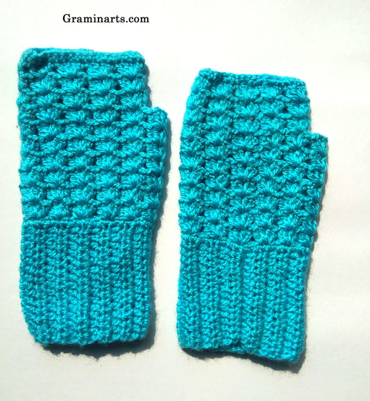 Graminarts Handmade Crochet Woollen Sky Blue Fingerless Gloves