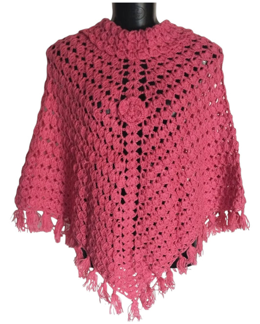 Crochet Handmade Beautiful Cowl neck Style Poncho For Girls/Women - Rose Pink