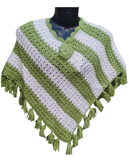 Handmade crochet poncho for girls and women - white & moss, front view