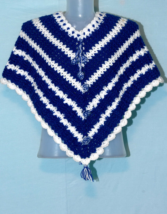 Handmade poncho for girls and women - navy blue & white, front view