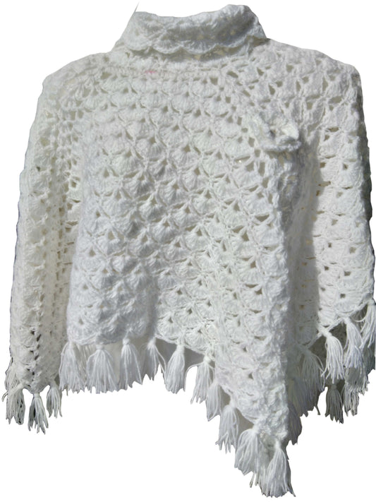 Handmade crochet poncho for girls and women - white, front view