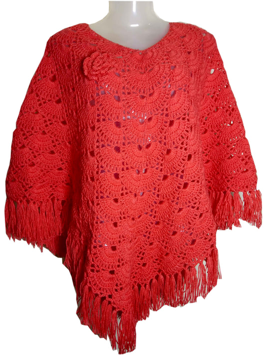 Handmade crochet poncho for girls and women - persian blue, front view