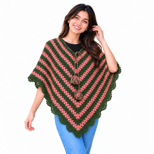 Green & Pink Handmade Crochet Poncho for Women – GraminArts