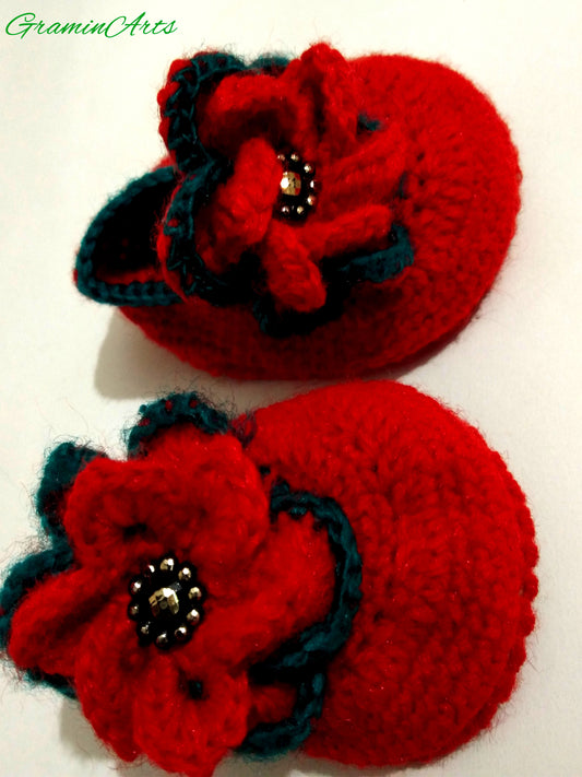 Graminarts Handmade Baby Booties Floral Desing In Red Color Size 0 - 6 Month
