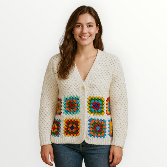 Handmade Crochet Cardigan for Women – Premium Wool Granny Square Sweater, Winter Wear