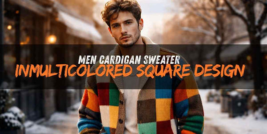 Men Cardigan Sweater in Multicolored Square Design