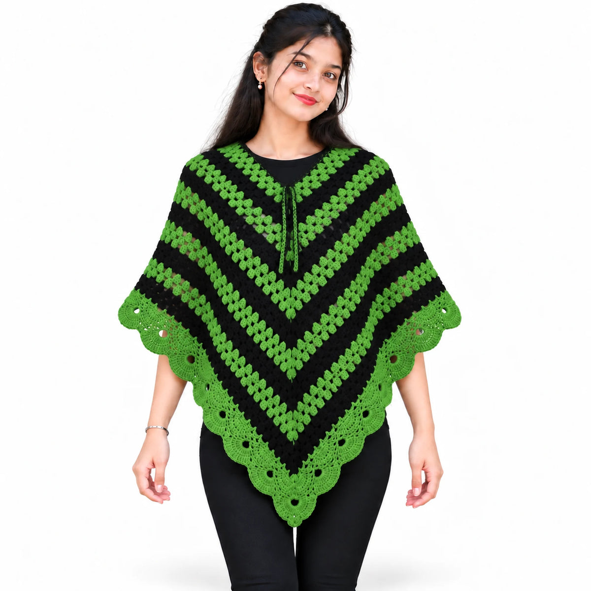 Green and black poncho for women
