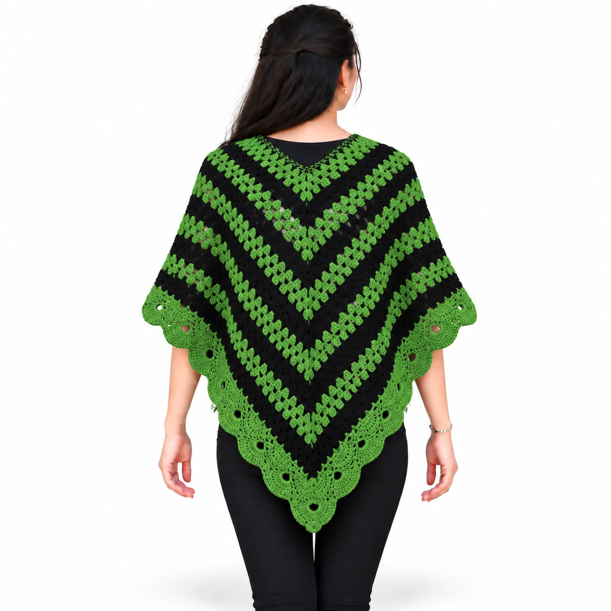 Green-and black poncho for women