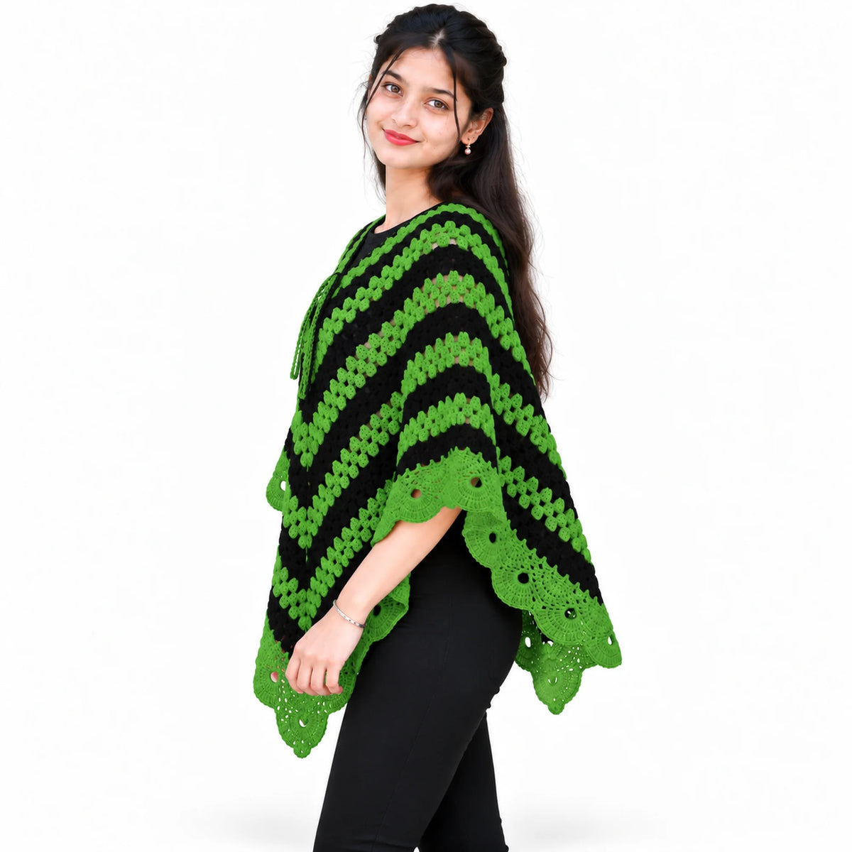 Green-black poncho for women