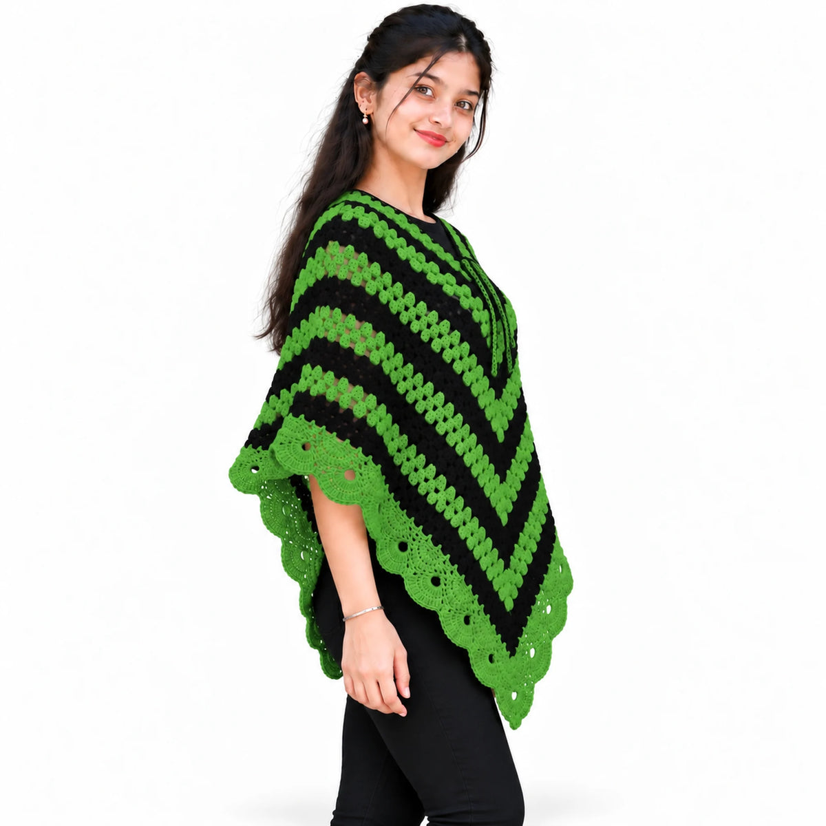 Green and black poncho for women