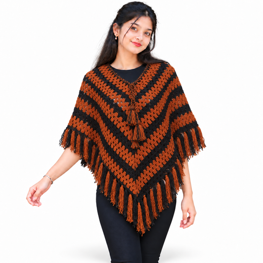 Rust Orange & Black Striped Tassel Poncho Handmade Crochet Woolen Poncho for Women & girls