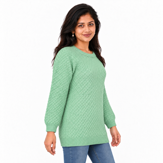 Mint Green Handmade Woolen Sweater for Women | Textured Knit Full Sleeve Pullover