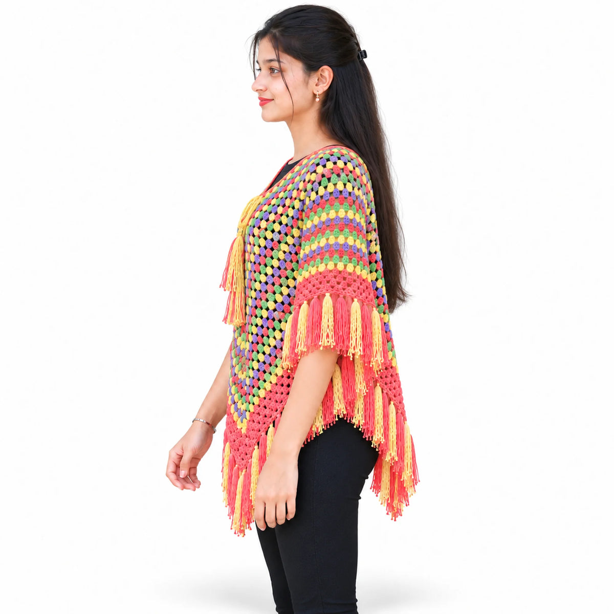 Multi color left side poncho for women