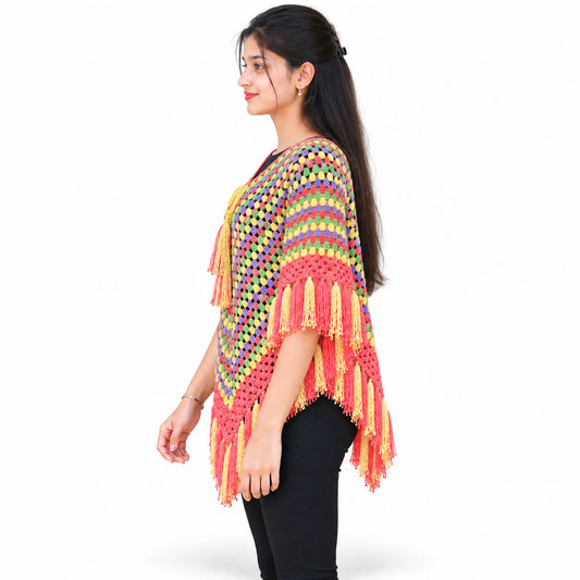 Multi color left side poncho for women