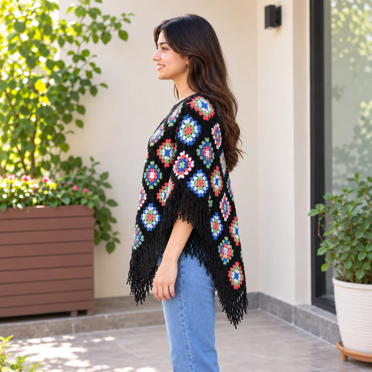 Multi color left side poncho for women
