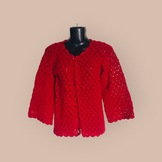 Graminarts Handmade Crochet Pattern Woolen Red Cardigan For Ladies/girls