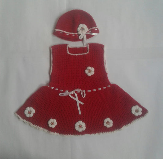 Handmade Graminarts Woonie Crochet Half Sleeve Baby Frock With Cap- Red