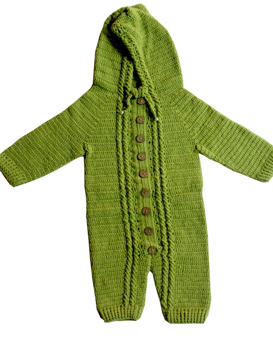 Unique Beautiful Crochet Full Sleeve Hoode Footed Romper For 2 -3 Year Baby- Mint