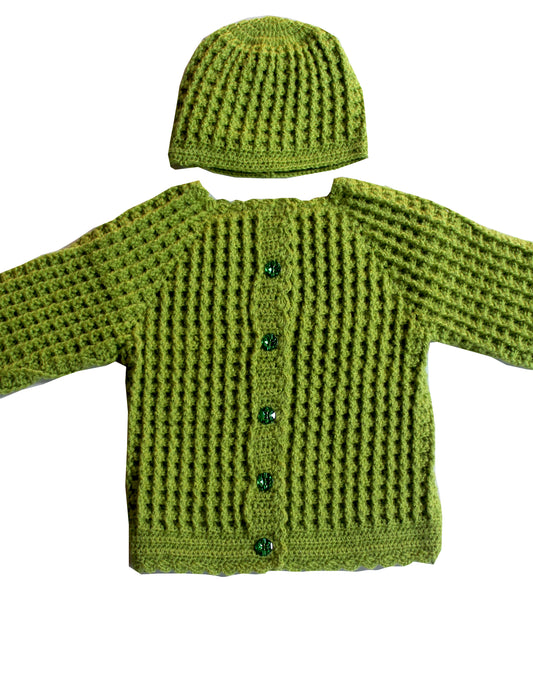 Handmade Woonie Crochet Graminarts Full Sleeve Cardigan For Baby Girl- Green Yellow