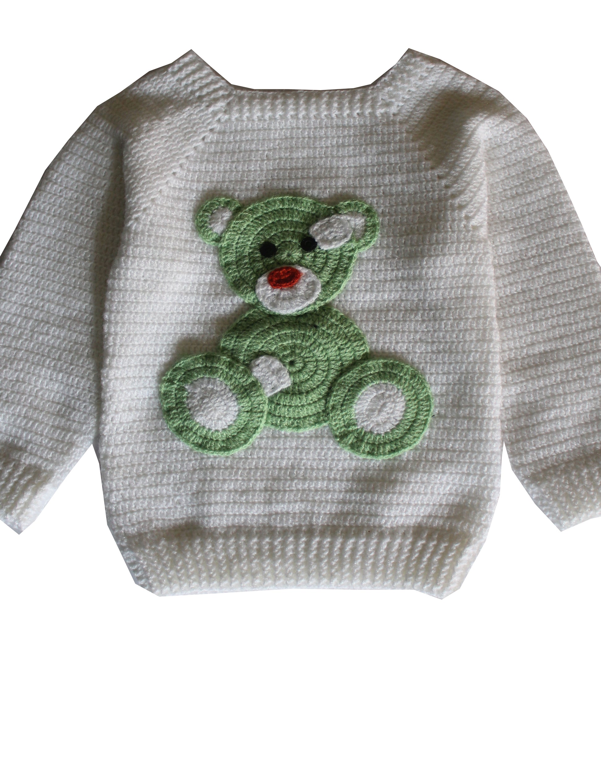 Unique and Beautiful Woollen Teddy Applique Design Handmade Sweater Set White Light Green