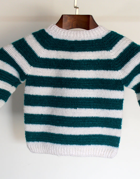 Woonie Knitted Beautiful Stripes Design Graminarts Full Sleeve Handmade Baby Boy Sweater- Pine & White