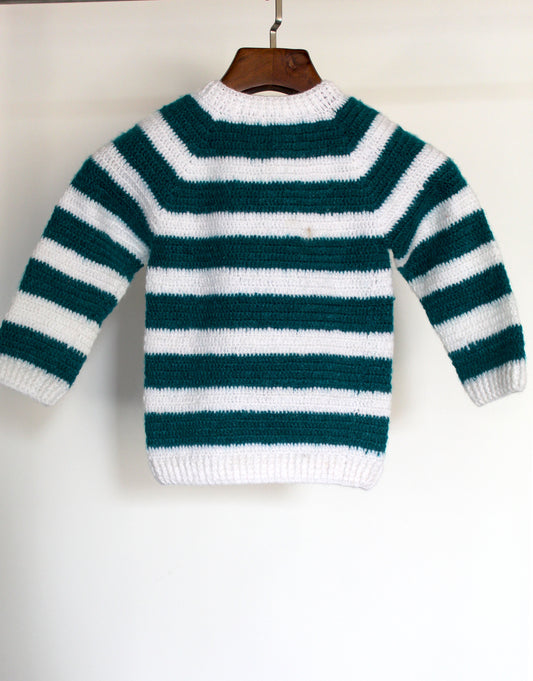 Woonie Knitted Beautiful Stripes Design Graminarts Full Sleeve Handmade Baby Boy Sweater- Pine & White