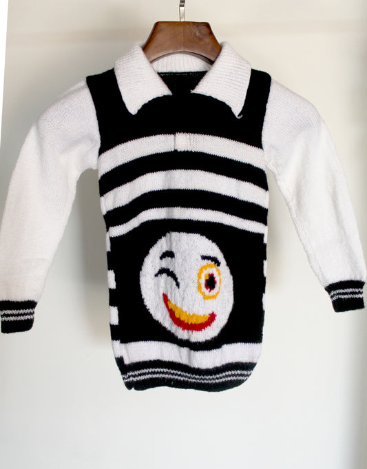 Graminarts Handmade Knitted Emoji Design Full Sleeve Sweater For Baby Boy-White & Black