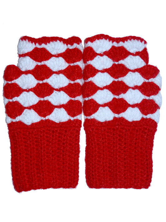 Graminarts Handmade woollen fingerless hand gloves for all medium adult hands-Red and White