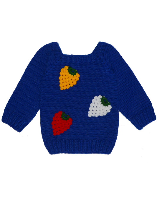 Handmade woolen knit sweater for babies - deep blue, worn view
