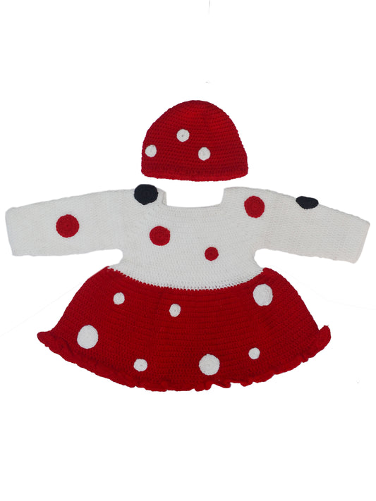 Beautiful Red & White Disney Style handmade Crochet Baby Frock With Cap