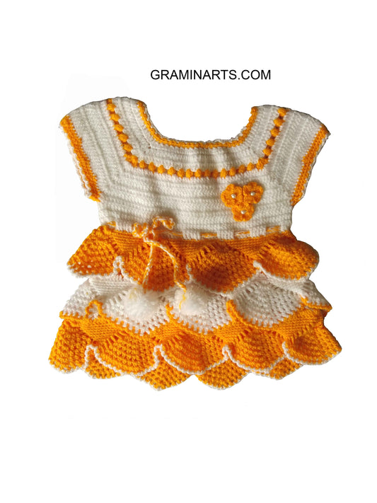 Unique Stylish Handmade Graminarts Designer Woonie Frock Set For Baby - White & Yellow