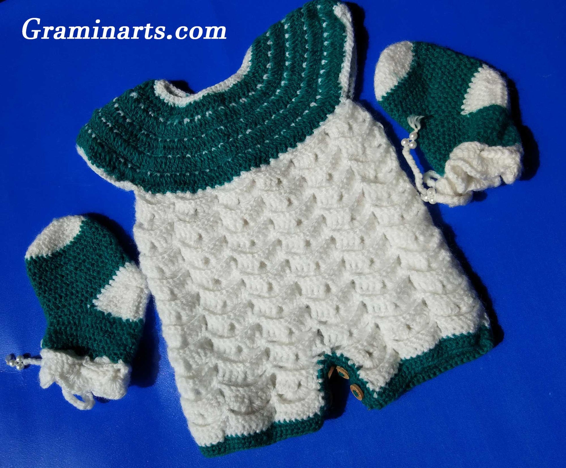 Handmade Graminarts Woolen Crochet Design Jumpsuit For New Born Baby Girl- White Teal
