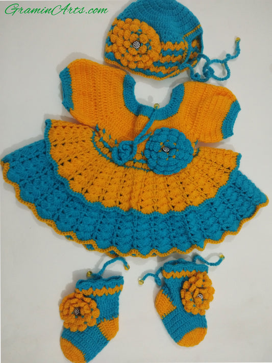 Handmade woolen frock design for baby girl 0-1 year Yellow and sky blue color with beatuful flower